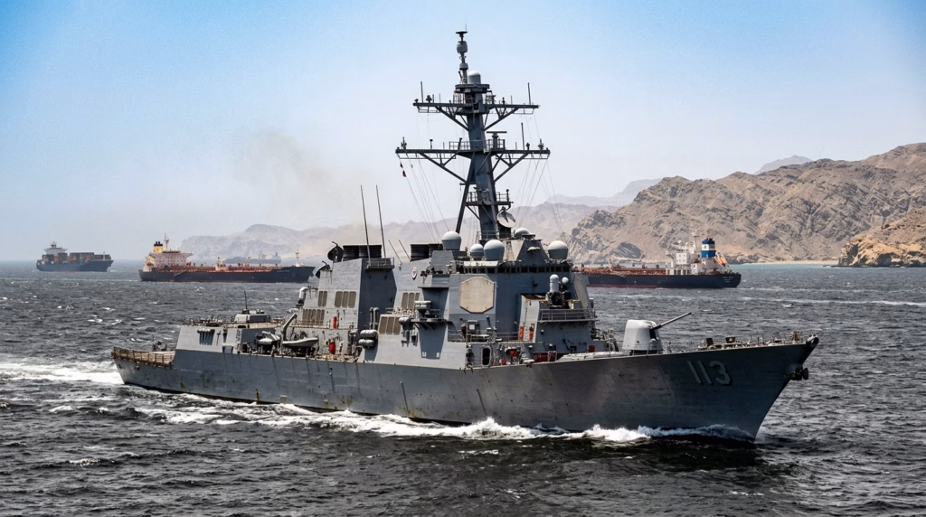 לתמונה הנוכחית חסר טקסט אלטרנטיבי. שם קובץ: Warship_sailing_in_Hormuz_Strait_202608241306-1.avif